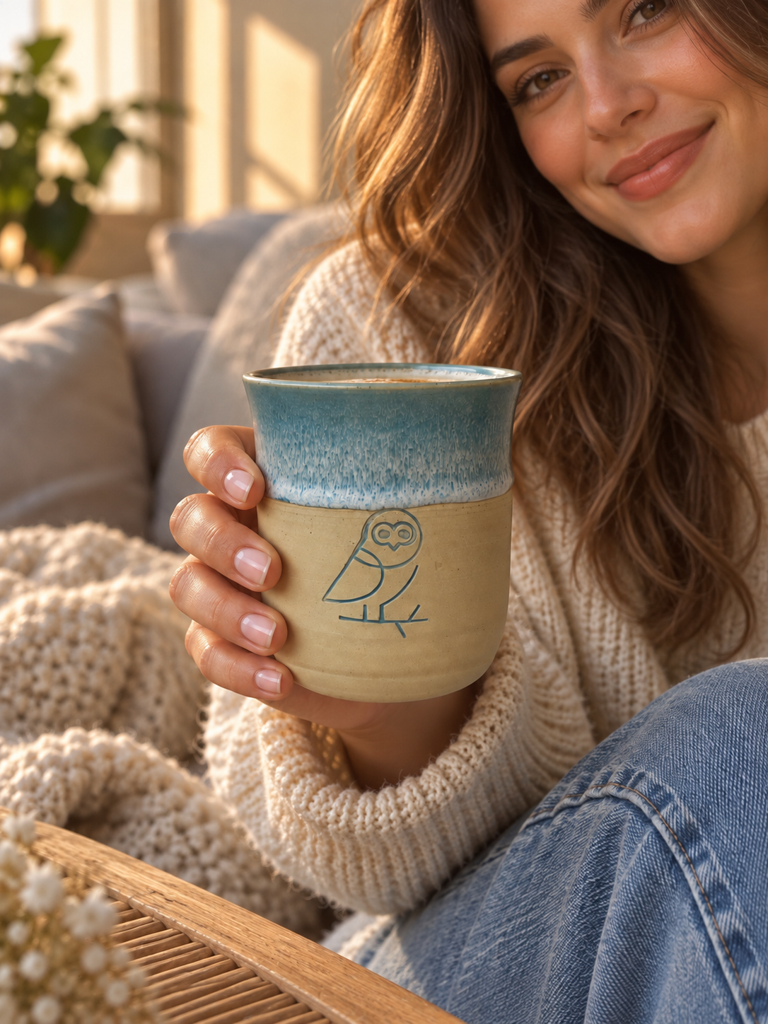 Frau mit Coffee Owl Keramikbecher in Hellblau in gemütlicher Wohnatmosphäre